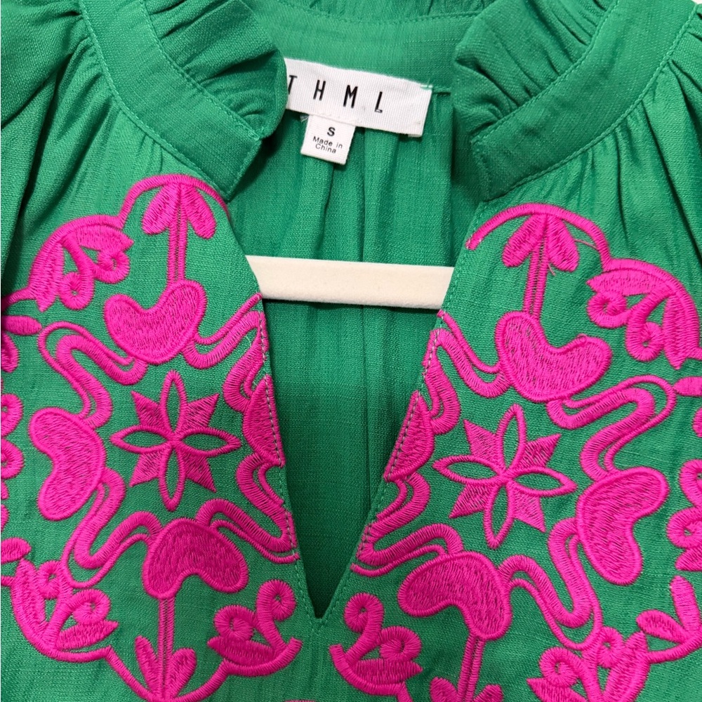 THML Green Blouse with Hot Pink Embroidery - Picture 2 of 3